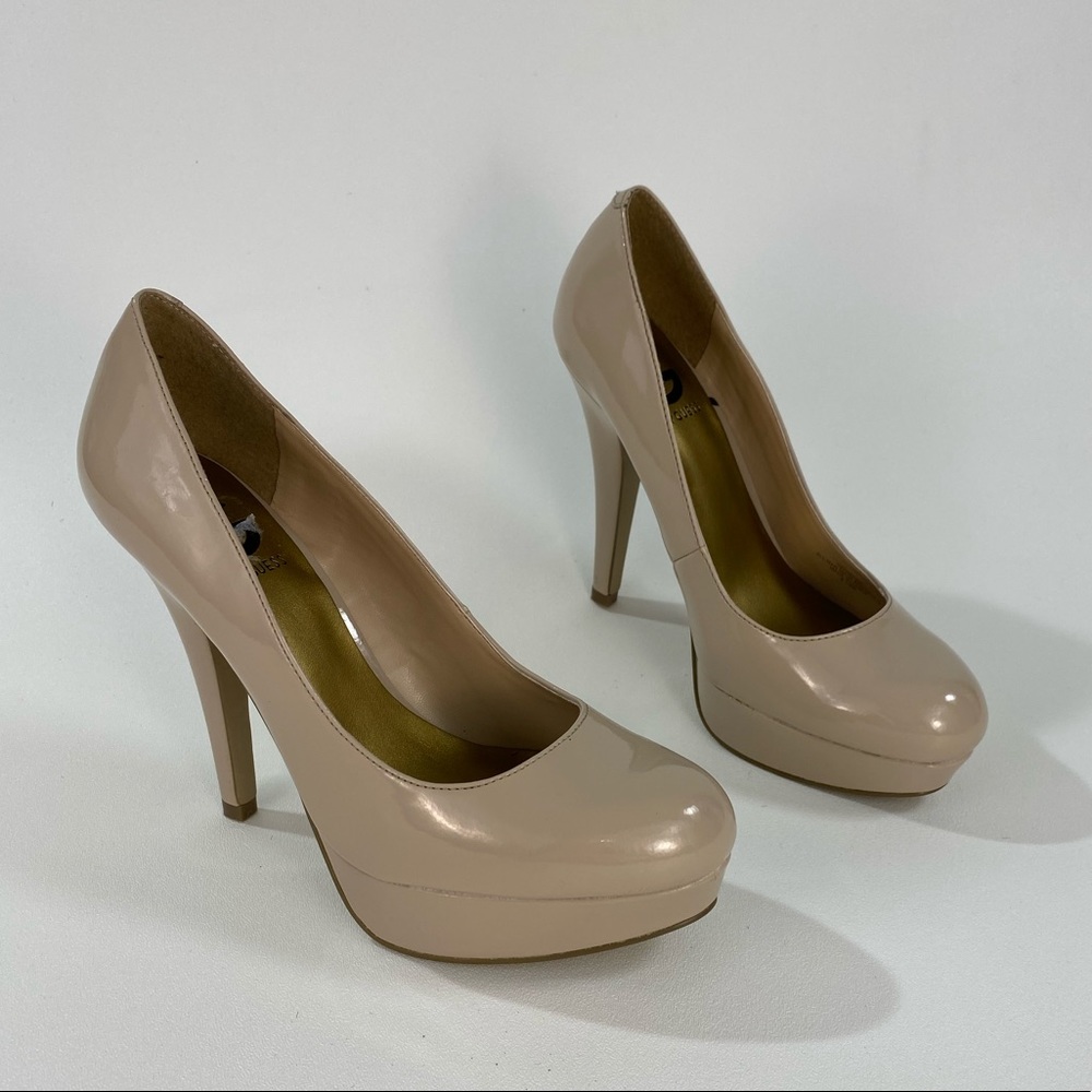 Guess Nude Champagne Beige Platform Heels Patent Leather 8.5 Neutral Formal